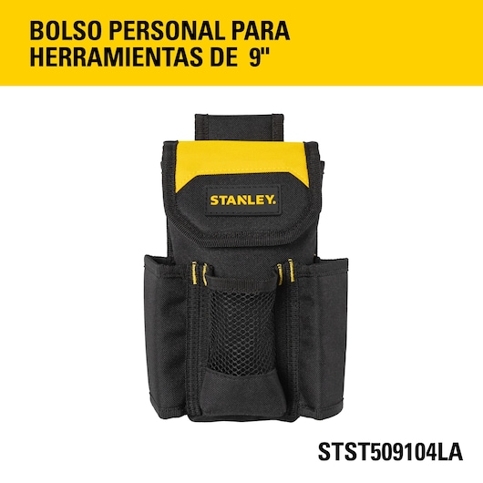 Photo of STANLEY tool pouch, black and yellow, SKU STST509104LA, upright on white background.