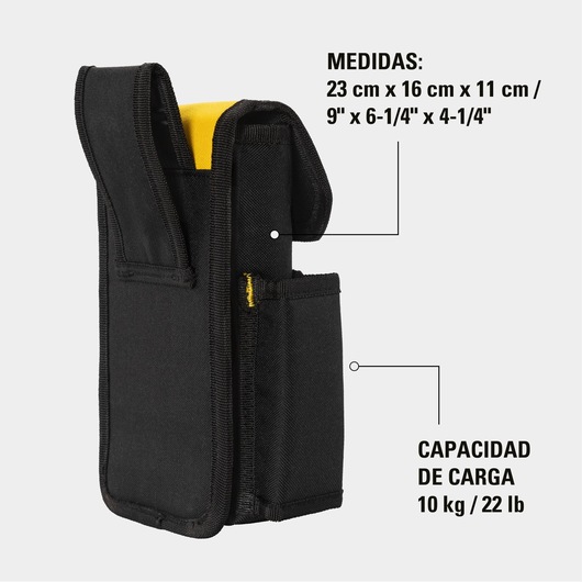 STANLEY tool pouch STST509104LA, black with yellow interior, side angle, durable fabric, single main pocket.