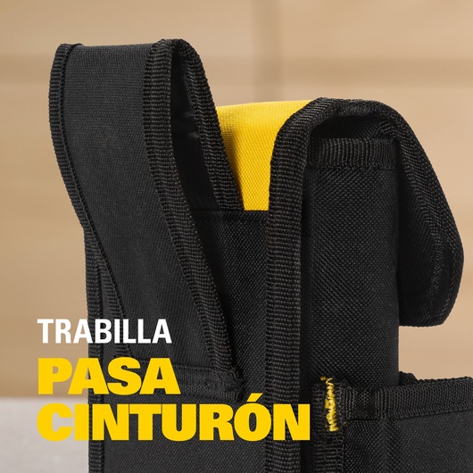 Photo of STANLEY STST509104LA black and yellow tool pouch belt loop, close-up angle, fabric detail visible.