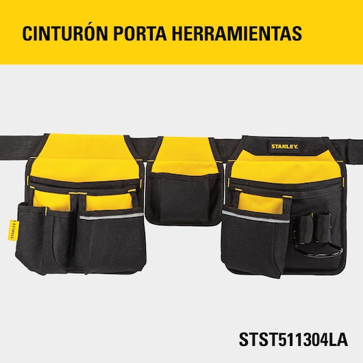 Front view photo of STANLEY tool belt STST511304LA with multiple black and yellow pouches on white background.