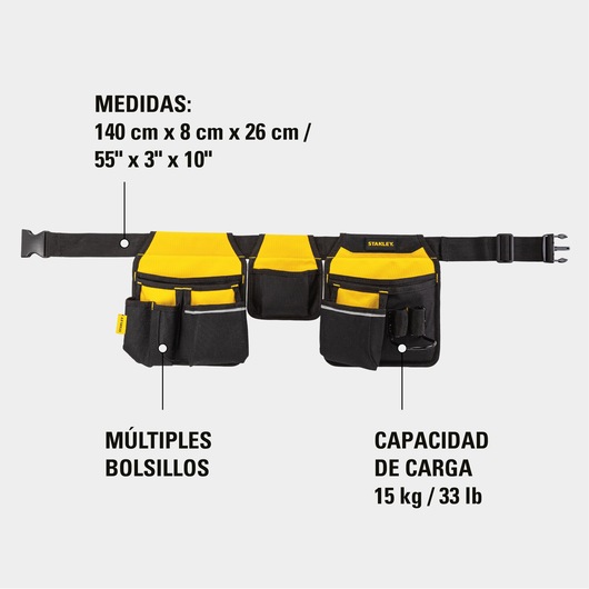 STANLEY STST511304LA tool belt with multiple pockets, black and yellow, front view, load capacity 15 kg.