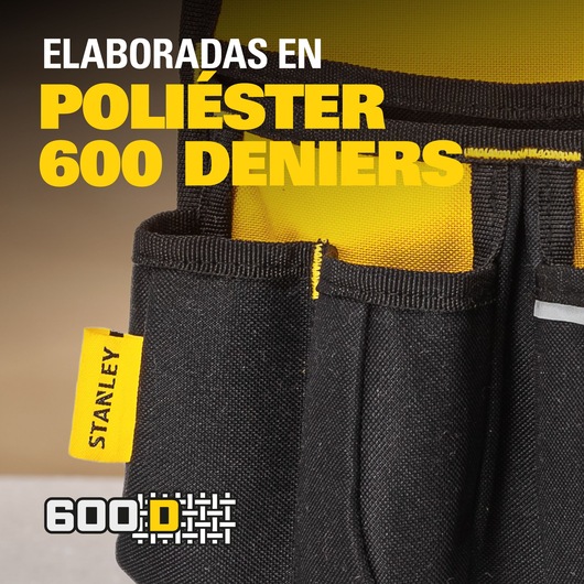 Photo of STANLEY STST511304LA tool pouch made of black and yellow 600D polyester, close-up view with label.