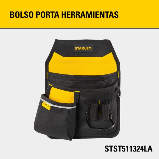 Front view of black and yellow STANLEY tool pouch STST511324LA with multiple pockets and holders.