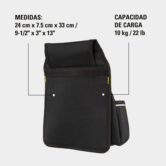 Photo of STANLEY STST511324LA black tool pouch, side angle, with front pocket and stitching details, white background.