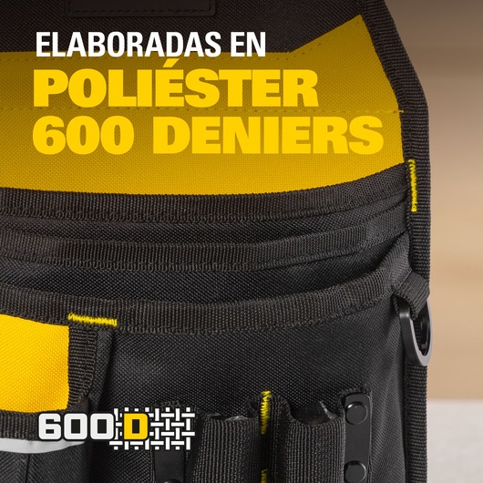 STANLEY STST511324LA tool pouch, front view, yellow and black, made from 600D polyester, pocket details visible.