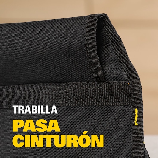 STANLEY STST511324LA closeup of black belt loop on tool pouch, yellow stitching detail, front view.
