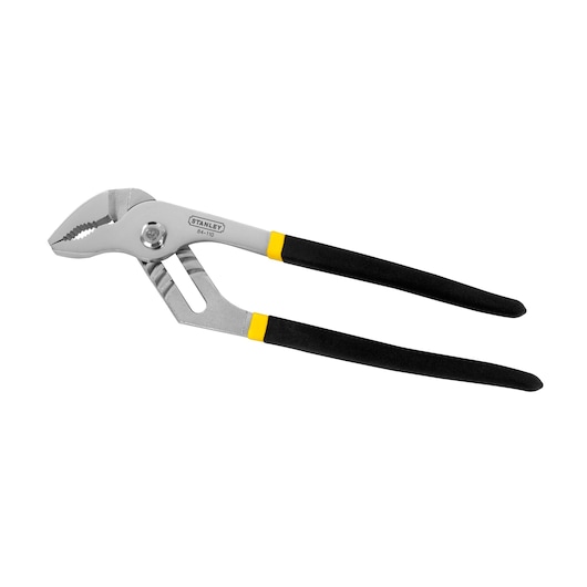 STANLEY 84-110 water pump pliers with black and yellow grips, side angle on white background.