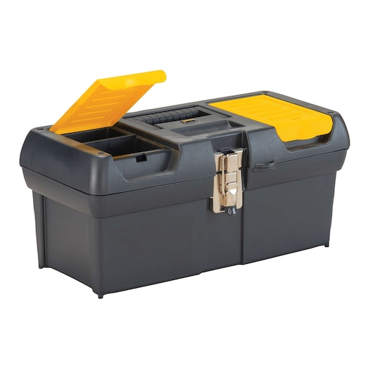 Stanley black plastic toolbox with yellow top organizers, open lid on left, front angle on white background