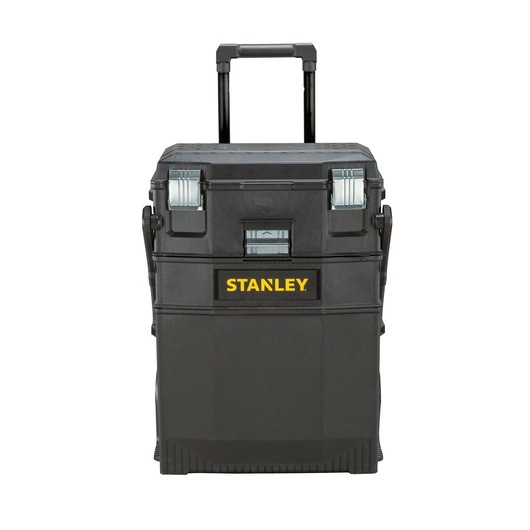 Stanley rolling toolbox with telescoping handle, black plastic, front angle, silver metal latches, FATMAX logo