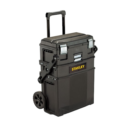 STANLEY rolling tool box front angle, black with yellow logo, extendable handle, two wheels, metal latches.