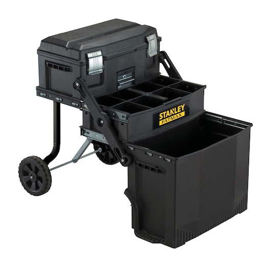 STANLEY FATMAX black rolling toolbox with wheels, multiple compartments, and open storage bin, front angle on white.