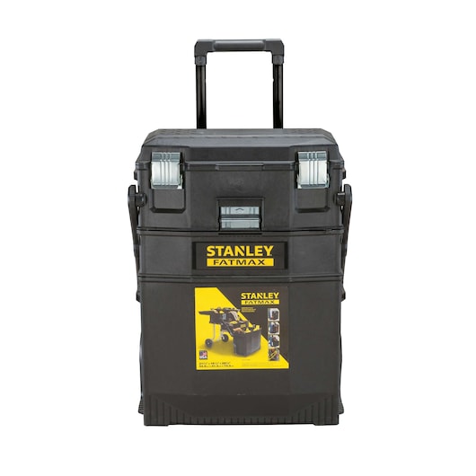 Stanley FATMAX SKU 020800R rolling tool box, black with yellow branding, front angle, white background.