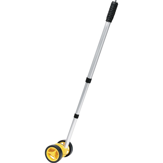 STANLEY 1-77-175 measuring wheel with yellow wheels and silver handle, side angle photo.