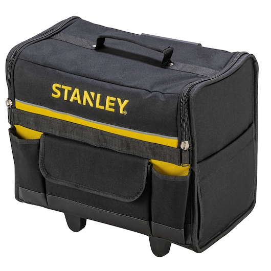 STANLEY 1-97-515 tool bag with handle, black fabric, yellow stripe, front angle photo.