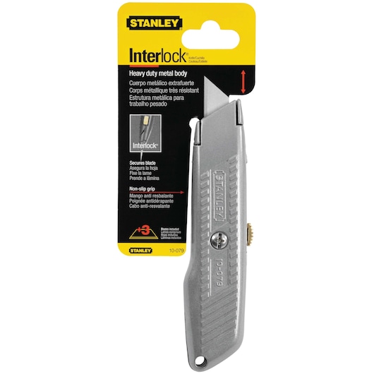 STANLEY 10-079 heavy duty metal body utility knife in packaging, silver color, angled front view.