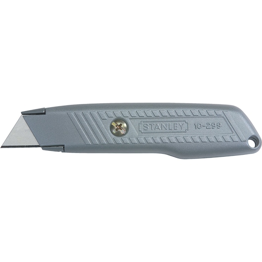 Photo of STANLEY 10-299 utility knife, gray metal body, visible blade, side angle, product category: Photography.