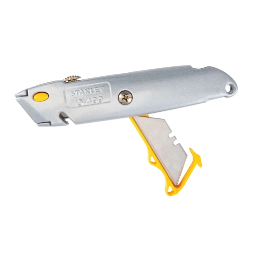 Stanley utility knife with partially extended blade, silver metal body and yellow safety lever, side angle