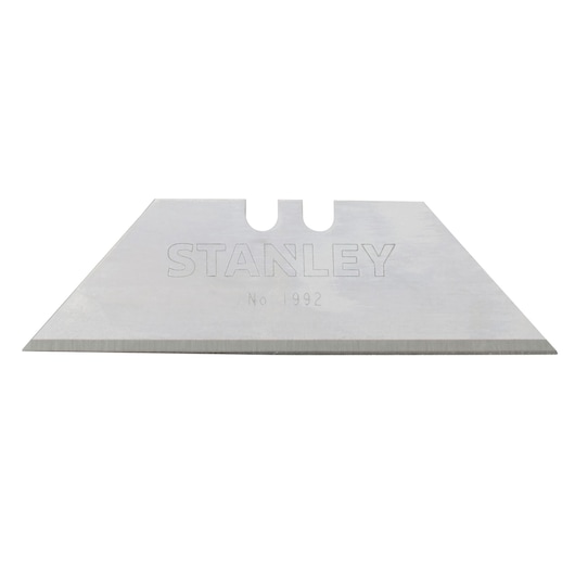 Stanley utility knife replacement blade, silver, flat lay on white background, showing sharp edge and engraved logo.