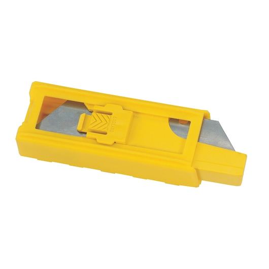 Stanley 11-921 utility knife blade dispenser, yellow plastic, side view, contains metal blades.