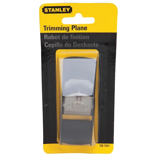 STANLEY 12-101 trimming plane in silver and black, front packaging view, with yellow and black branding.