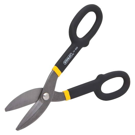 Stanley tin snips with black and yellow handles, angled view on white background