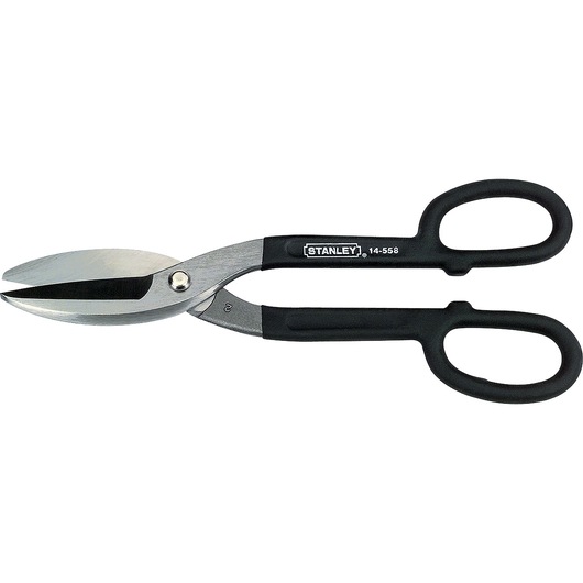 STANLEY 14-558 metal cutting snip with black handles, side view on white background.