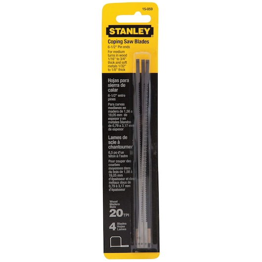 Stanley 15-059 coping saw blades pack, 4 blades, wood and metal use, front view on white background.