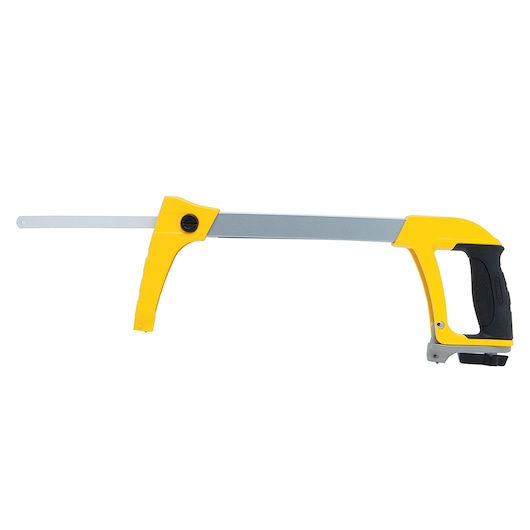 STANLEY 15-098 hacksaw, yellow and black frame, side angle, photography on white background.