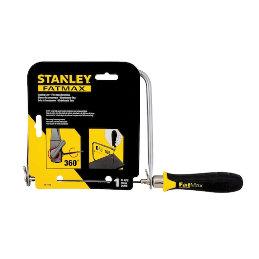 Photo of STANLEY FATMAX coping saw, SKU 15-106, with black and yellow handle, fine woodworking tool on white background.