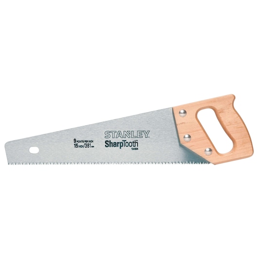 Stanley hand saw with SharpTooth blade and wooden handle, side angle on white background