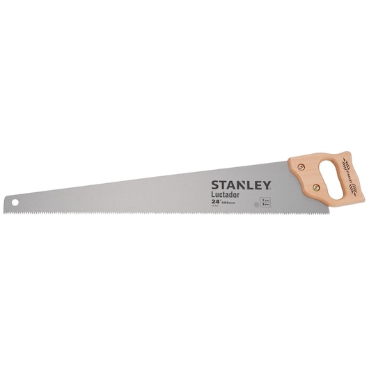 STANLEY 15-473 hand saw with 24 inch steel blade and light wood handle, side angle, photography of tool.
