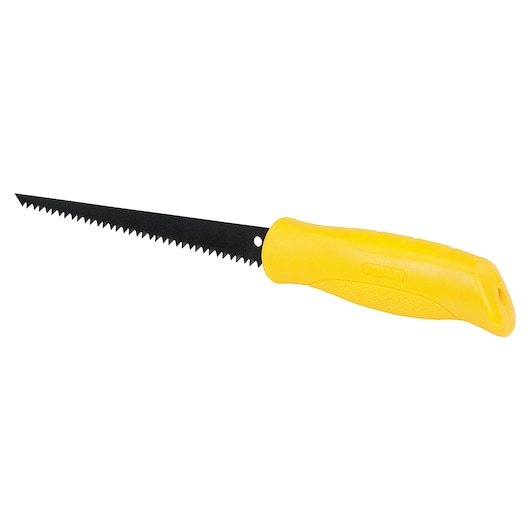Stanley 15-556 jab saw with yellow handle, side angle on white background.