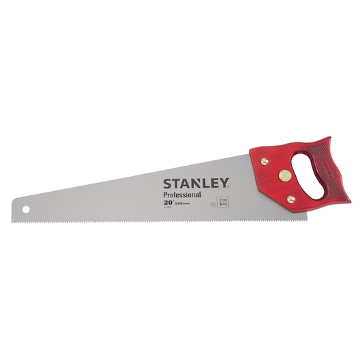 Photo of STANLEY 15-559 hand saw with silver blade and red handle, photography product category, side angle.