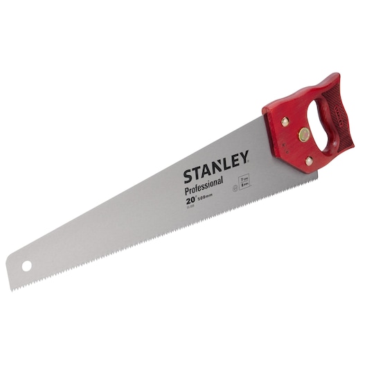 STANLEY 15-559 hand saw with red handle, silver blade, and printed markings, front angle on white background.
