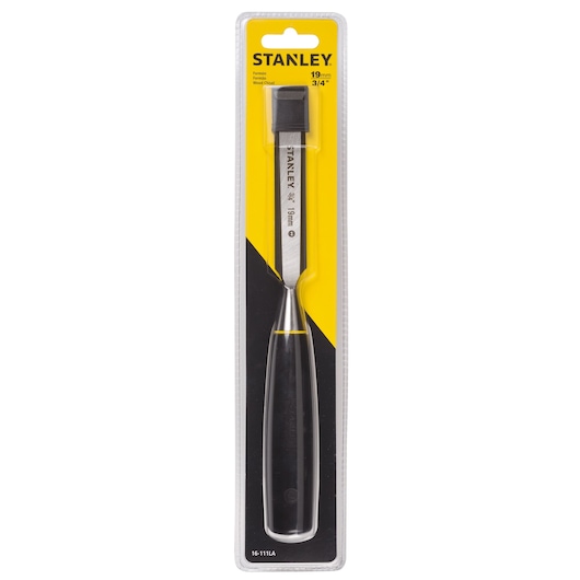 STANLEY 16-111LA wood chisel 19mm in black and yellow packaging, front view on white background.