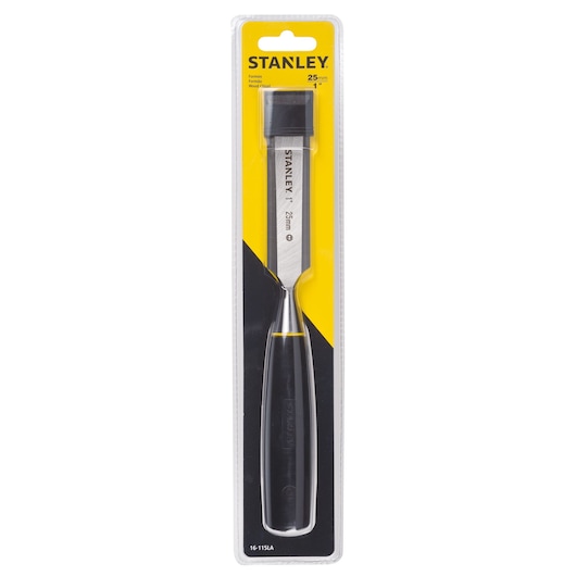 Stanley 16-115LA wood chisel, 25mm, black and yellow handle, in retail packaging, front angle.