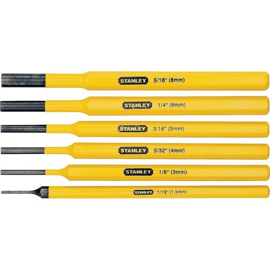 STANLEY 16-226 pin punch set, yellow handles with size markings, six pieces arranged side by side, front angle.