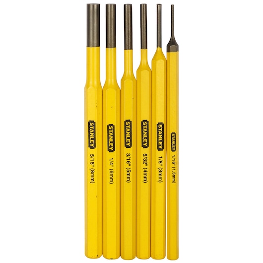 STANLEY 16-226 punch and chisel set with six yellow hex handles, sizes marked in black, front view on white.