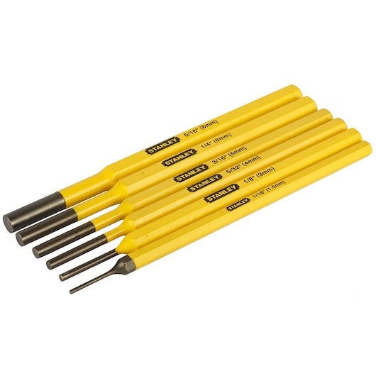 STANLEY 16-226 punch set, six yellow-handled steel punches in various sizes, angled view on white background.