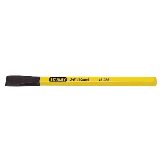 Photo of STANLEY 16-286 yellow cold chisel with 3/8 inch (10 mm) wide cutting edge, side angle on white background.