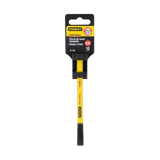 STANLEY 16-286 cold chisel, yellow and black hand tool, 3/8 inch 10mm, front angle on white background.