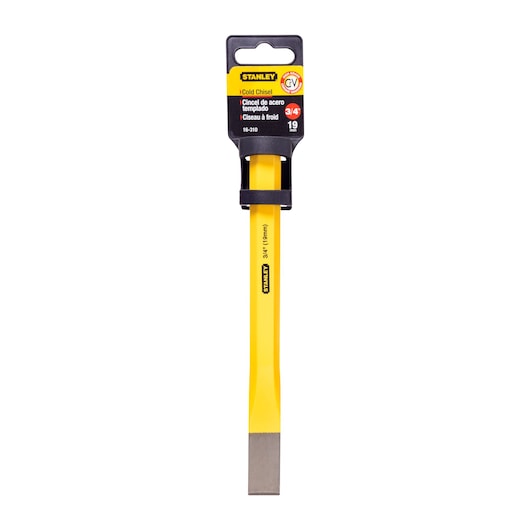 STANLEY 16-310 cold chisel, yellow steel, 3/4 inch, photography of front view on white background.