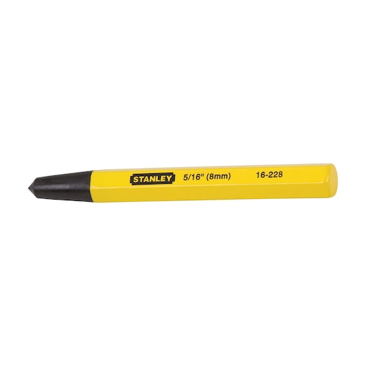 A yellow STANLEY center punch tool with a black tip, marked with 'STANLEY', '5/16" (8mm)' and '16-228' on its side.