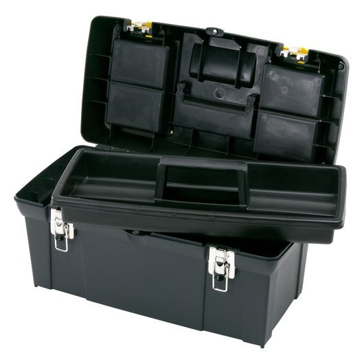 STANLEY 19-013 black plastic toolbox with metal latches, removable tray, open lid, front angle.