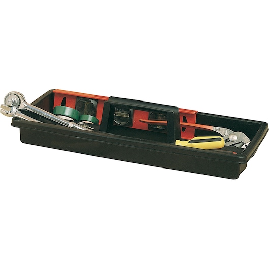 STANLEY 19-013 black tool tray with handle, holding various hand tools, white background, photography.