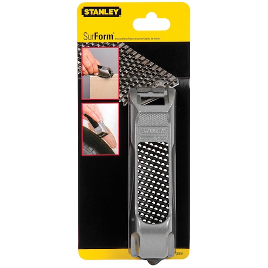 STANLEY 21-399 pocket plane with black handle in retail packaging, front angle, SurForm series tool shown.