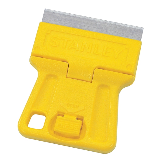 Stanley 28-100 yellow plastic razor scraper, front angle, with exposed metal blade.