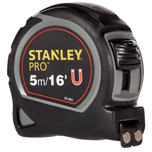 Photo of STANLEY 30-085 PRO 5m/16' tape measure, black and gray casing, front angled on white background.