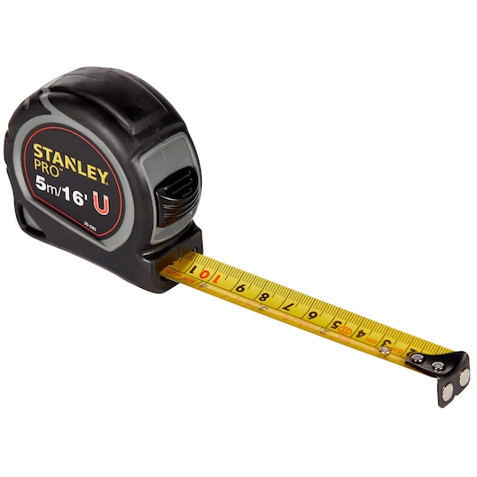 STANLEY 30-085 tape measure, black and gray, 5m/16ft length, angled view on white background.