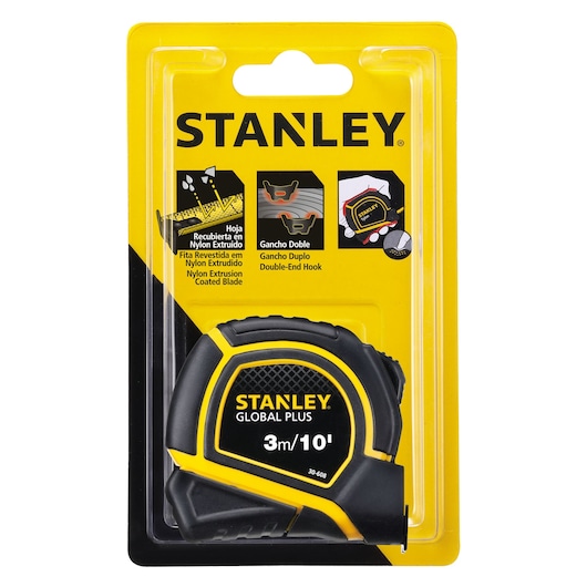 Photo of STANLEY 30-608 tape measure, 3m/10ft, black and yellow, in packaging with product features.